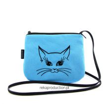 #1 Mała zamszowa niebiesko-turkusowa torebka damska z czarnym wyszytym kotkiem